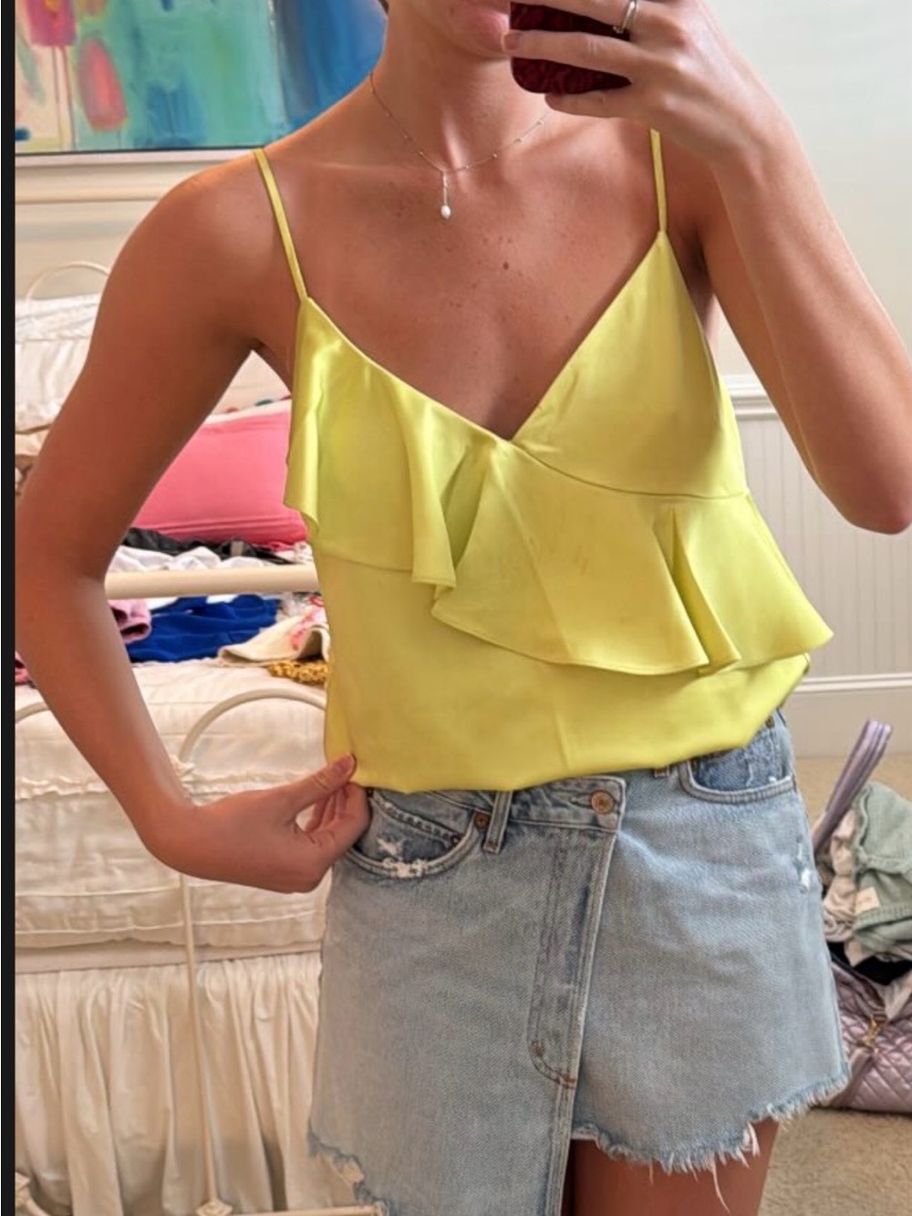 For Love And Lemons Lemon Satin Ruffle Cami